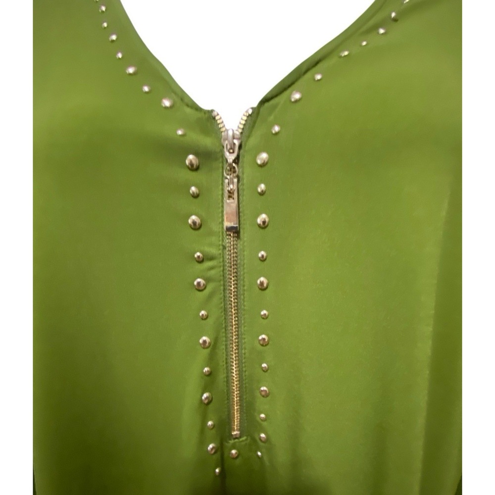 Carmen Marc Valvo Womens Top 3X Green Studded Zip Bell Sleeve Stretch Blouse - Picture 2 of 9